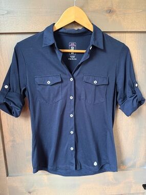 Stio Navy Button-Front Women's Blouse with Roll-Tab Sleeves